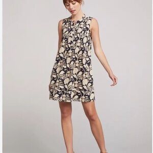 Faherty Isha Avignon Medow Print Linen Pocket Mini Dress Natural Fairy Boho Sz S